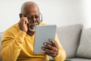 man reading a tablet and adjusting his glasses 